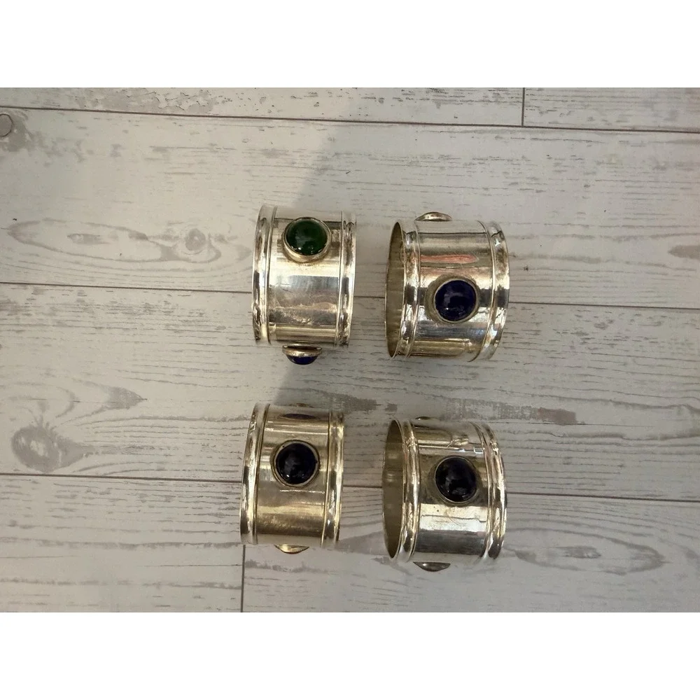 International Silver Co. Silver Plated Napkin Ring Holder w Colored Glass Set 4